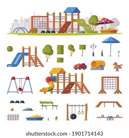 Children Playground Elements with Slide, Swings and Ladders Vector Set