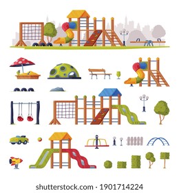 Children Playground Elements with Slide, Swings and Ladders Vector Set