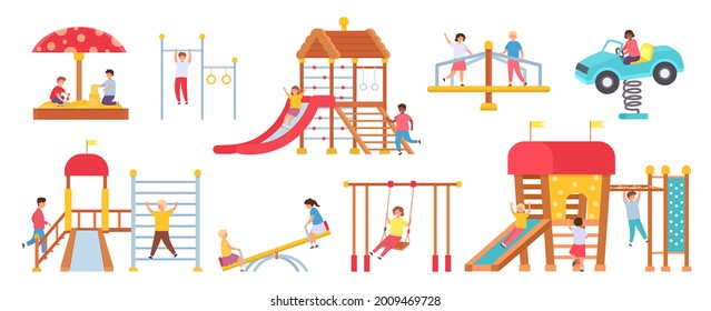 Children at playground equipment. Boys and girls playing in play house. Kids on swings, slide, carousel and sandbox. Kindergarten vector set. Illustration playground equipment, girl and boy