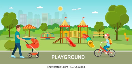 Children playground. Father walking  with a stroller  and Child girl with backpack riding bike in the Park on sunny day. Vector flat style illustration