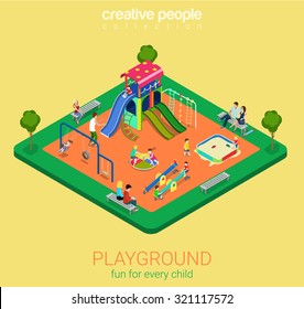 Children playground flat 3d isometric infographics concept. Sandpit swing slide rocker carousel rope ladder bench info graphics objects. Creative people collection.