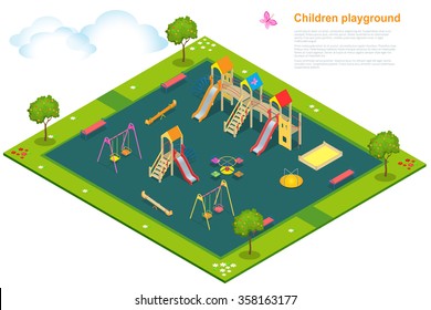 Children playground. Flat 3d isometric vector illustration for infographics. Swing carousel sandpit  slide rocker  rope ladder bench. 