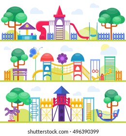 Children playground fun childhood play park activity flat vector illustration