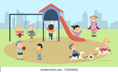 Children at playground. Happy smiling kids playing together.