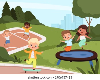 Children playground. Happy toddler boys and girls playing with toys in park enjoy friends outside nowaday vector background cartoon illustrations