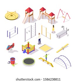 Children playground icon set, vector flat isolated illustration. Isometric jumping trampolines, slide, swing, spring rocker, carousel, sandbox, etc. Play, sport and park equipment for outdoors.
