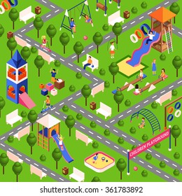 Children playground illustration with isometric park equipment vector illustration