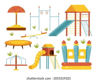 Children playground isolated design element set collection. Vector cartoon hand drawn illustration