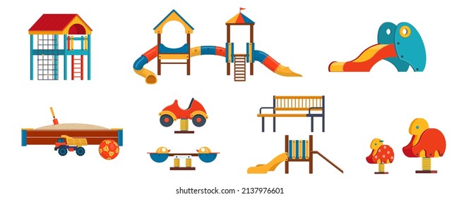 Children playground isolated elements on white background.  Seesaw, slide, sandbox, spring rider etc. Vector illustration 