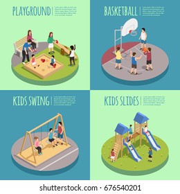 Children playground isometric compositions including kids in sandbox, basketball game, swings and slides isolated vector illustration