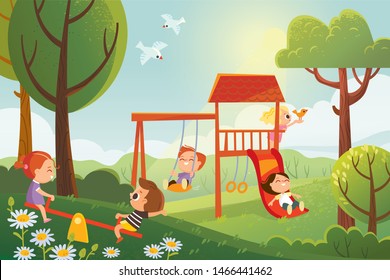 Children playground. Kids playing outside. Summer landscape with trees.