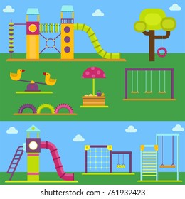 Children playground kindergarten amusement childhood play park activity place recreation swing equipment toy vector illustration