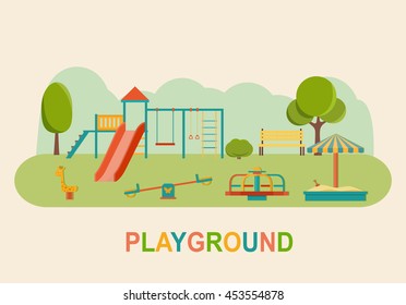 Children playground. Kindergarten playground with swings, slide,  toy giraffe, carousel, sandbox. Flat vector illustration