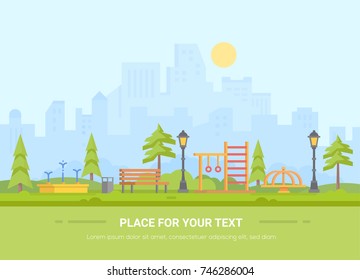 Children playground - modern vector illustration with place for text. Urban landscape with skyscrapers on the background. Recreation zone with fountain, bench, horizontal bar, merry-go-round, bin