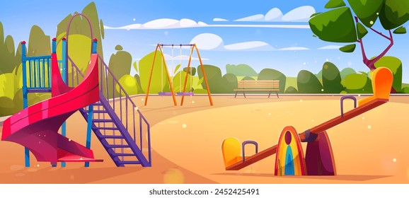 Children playground in morning summer park. Vector cartoon illustration of swing, seesaw, slide and bench on sandy ground, green lawn, trees and bushes under blue sunny sky, place for kids fun