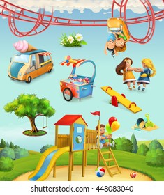 Children playground, outdoor games in the park, characters and objects set of vector icons