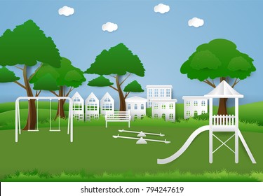 Children playground outdoor, Paper art background  paper cut illustration
