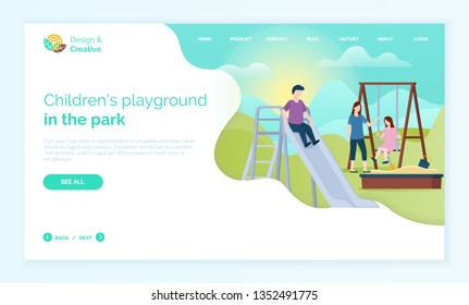 Children playground in park web, child moving down hill, character in casual clothes, girl sitting on wooden swing, portrait view of people outdoor vector