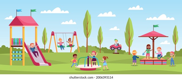 Children playground playing. Happy girls and boys play playing area, outdoor activities, kindergarten games, fun color rides. Playing area with slide and swing. Vector cartoon concept