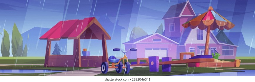 Parque infantil en tiempo lluvioso. Dibujo vectorial del patio de la casa con una caja de arena debajo de la sombrilla, triciclo húmedo, sierras, cabaña de madera para niños, lluvia lloviendo de cielo nublado, barrio rural