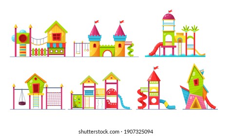 Children playground set. Children's amusement outdoor park, with attractions, carousels, children slide, teeter board, playhouses with slides and swings, labyrinths flat cartoon vector