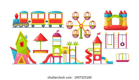 Children playground set. Children's amusement outdoor park, with attractions, carousels, children slide, teeter board, sandbox, labyrinths, water play complex, railroad with train flat cartoon vector