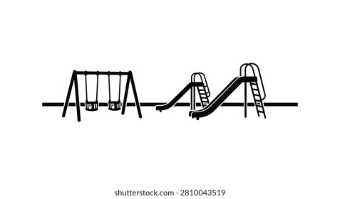 Children playground set containing metal swings and slide structures isolated as black silhouettes for park design projects.