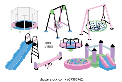 Children playground set. Different children's outdoor equipment: trampoline, bouncy castle, hill, carousel, sandbox, slide, balance. Colorful vector illustration collection.