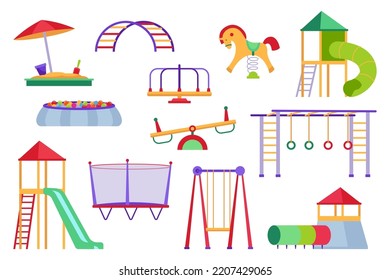 Children playground set of elements with merry go round, slide, carousel, swing and sandbox for kids outdoor leisure activities in park. Cartoon flat vector illustration