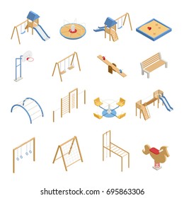 Children playground set of isometric icons with swings, slides, basketball hoop, sandbox, climbing frames isolated vector illustration