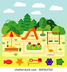 Children playground set  with trees, bushes, clouds, berries on the bush, children's slide, a flower bed, swing, sandpit, toys for children. Vector flat illustrations