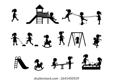"Children Playground Silhouette Icons – Kids Playing on Swings, Slides, Rockers, and See-Saws Vector Set"

