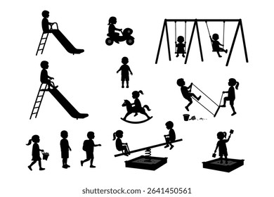 "Children Playground Silhouette Icons – Kids Playing on Swings, Slides, Rockers, and See-Saws Vector Set"

