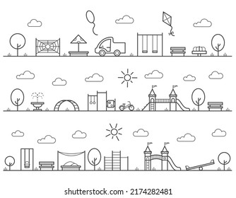 Children playground with swings, sandbox and bench in park. Entertainment in kids area. Outline city landscapes. Vector set