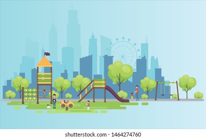 Children playground. Swings, sandpit, sandbox, bench, tree, slide. Kids playground flat stock illustration