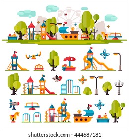 Children playground. Swings, sandpit, sandbox, bench, tree, slide. Kids playground flat stock illustration with isolated elements on white background.