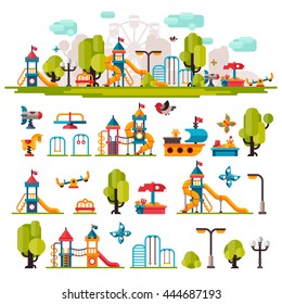 Children Playground. Swings, Sandpit, Sandbox, Bench, Tree, Slide. Kids Playground Flat Stock Illustration With Isolated Elements On White Background.