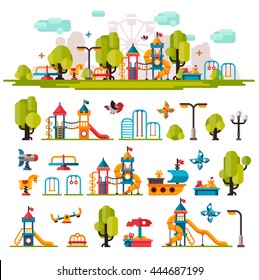 Children playground. Swings, sandpit, sandbox, bench, tree, slide. Kids playground flat stock illustration with isolated elements on white background.