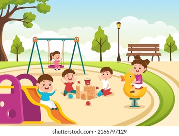 Children Playground with Swings, Slide, Climbing Ladders and More in the Amusement Park for Little Ones to Play in Flat Cartoon Illustration