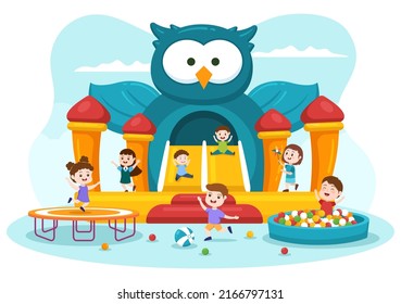 Children Playground with Swings, Slide, Climbing Ladders and More in the Amusement Park for Little Ones to Play in Flat Cartoon Illustration