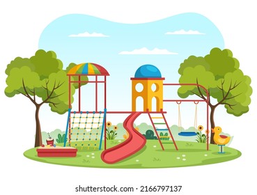 Children Playground with Swings, Slide, Climbing Ladders and More in the Amusement Park for Little Ones to Play in Flat Cartoon Illustration