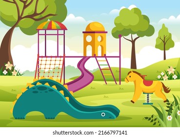 Children Playground with Swings, Slide, Climbing Ladders and More in the Amusement Park for Little Ones to Play in Flat Cartoon Illustration