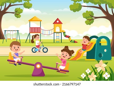 Children Playground with Swings, Slide, Climbing Ladders and More in the Amusement Park for Little Ones to Play in Flat Cartoon Illustration