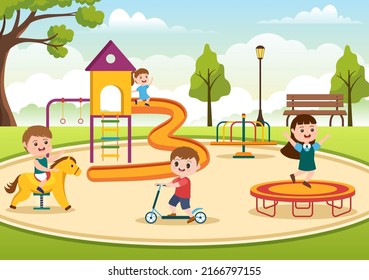 Children Playground with Swings, Slide, Climbing Ladders and More in the Amusement Park for Little Ones to Play in Flat Cartoon Illustration