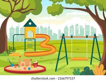 Children Playground with Swings, Slide, Climbing Ladders and More in the Amusement Park for Little Ones to Play in Flat Cartoon Illustration