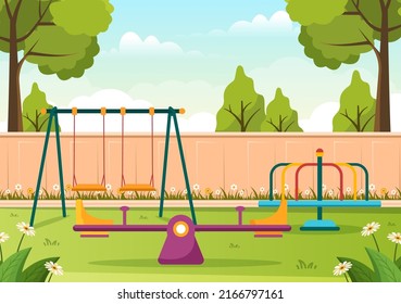 Children Playground with Swings, Slide, Climbing Ladders and More in the Amusement Park for Little Ones to Play in Flat Cartoon Illustration