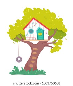 Children playground with treehouse background. Wooden house on tree with ladder for playing. Hanging tire swing. Vector cute illustration of summer kids activity outdoors, camp vacation, childhood