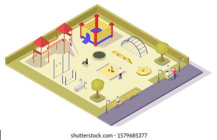 Children playground vector flat isometric composition with kids jumping trampolines, slide, swing, spring rocker, carousel, sandbox and sport equipment for outdoor workout.