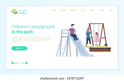 Children playground web online vector, mother playing with daughter and son. Little girl on swings, boy riding, sand with shower and bucket for sand. Website or webpage template, landing page flat