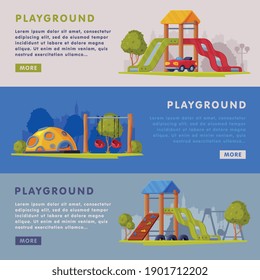 Children Playground Zone with Slide and Swing Landing Page Template Vector Set